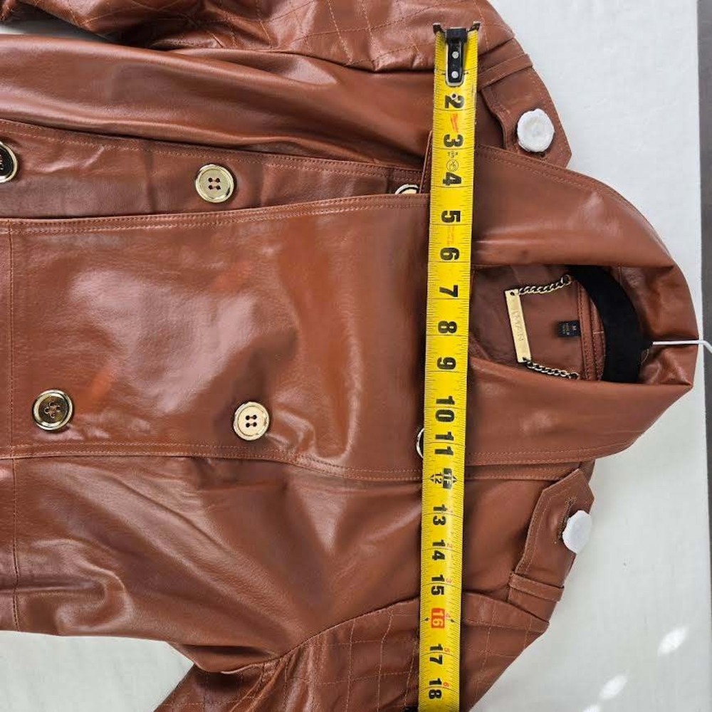 Women's Brown Leather Double-Breasted Trench Coat - Picture 9 of 11